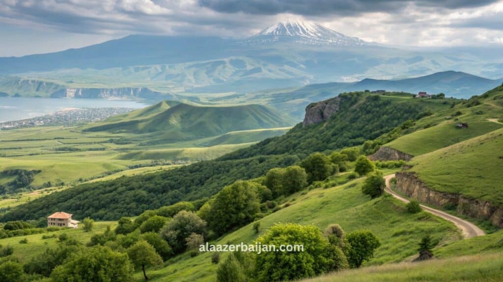 صورة تروّج للسياحة العائلية في أذربيجان، تُظهر معالم باكو الحديثة وطبيعة غابالا وشكي المناسبة للعائلات والأطفال