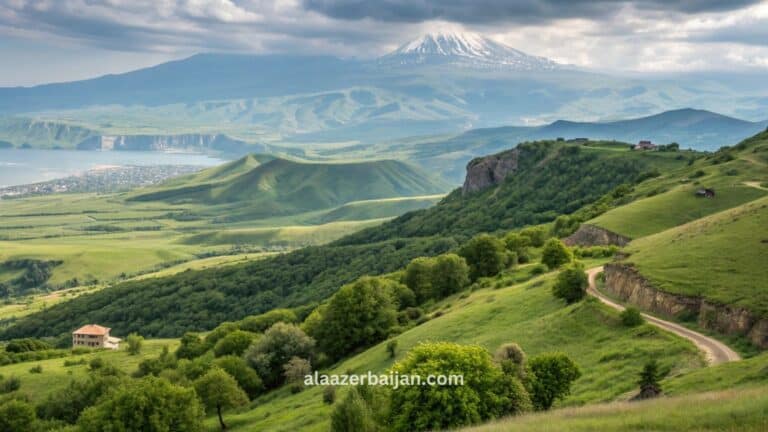 صورة تروّج للسياحة العائلية في أذربيجان، تُظهر معالم باكو الحديثة وطبيعة غابالا وشكي المناسبة للعائلات والأطفال