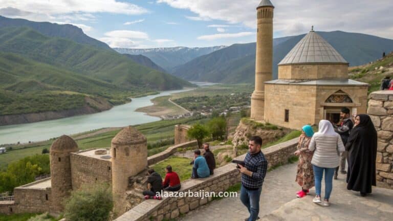 برنامجًا سياحيًا في أذربيجان يشمل باكو وغابالا وشكي، مع صور للمعالم الشهيرة مثل أبراج الشعلة والطبيعة الجبلية والشلالات