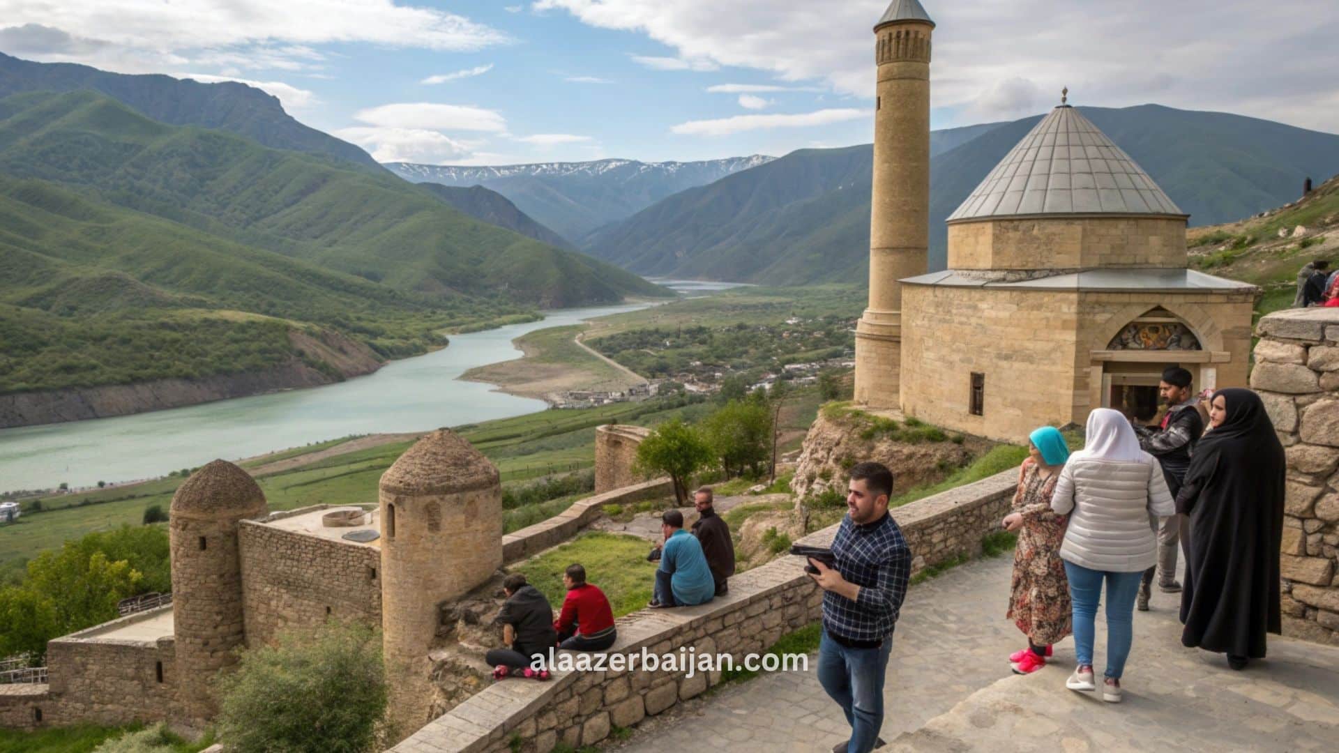 برنامجًا سياحيًا في أذربيجان يشمل باكو وغابالا وشكي، مع صور للمعالم الشهيرة مثل أبراج الشعلة والطبيعة الجبلية والشلالات