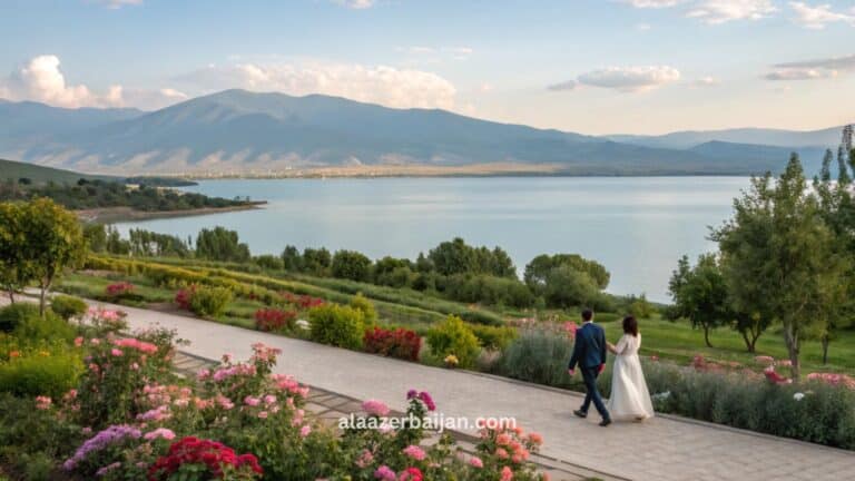 صورة رومانسية تروّج لشهر العسل في أذربيجان، تُظهر إطلالة ليلية على باكو مع أبراج الشعلة والمدينة القديمة ومشاهد طبيعية هادئة من غابالا وشكي