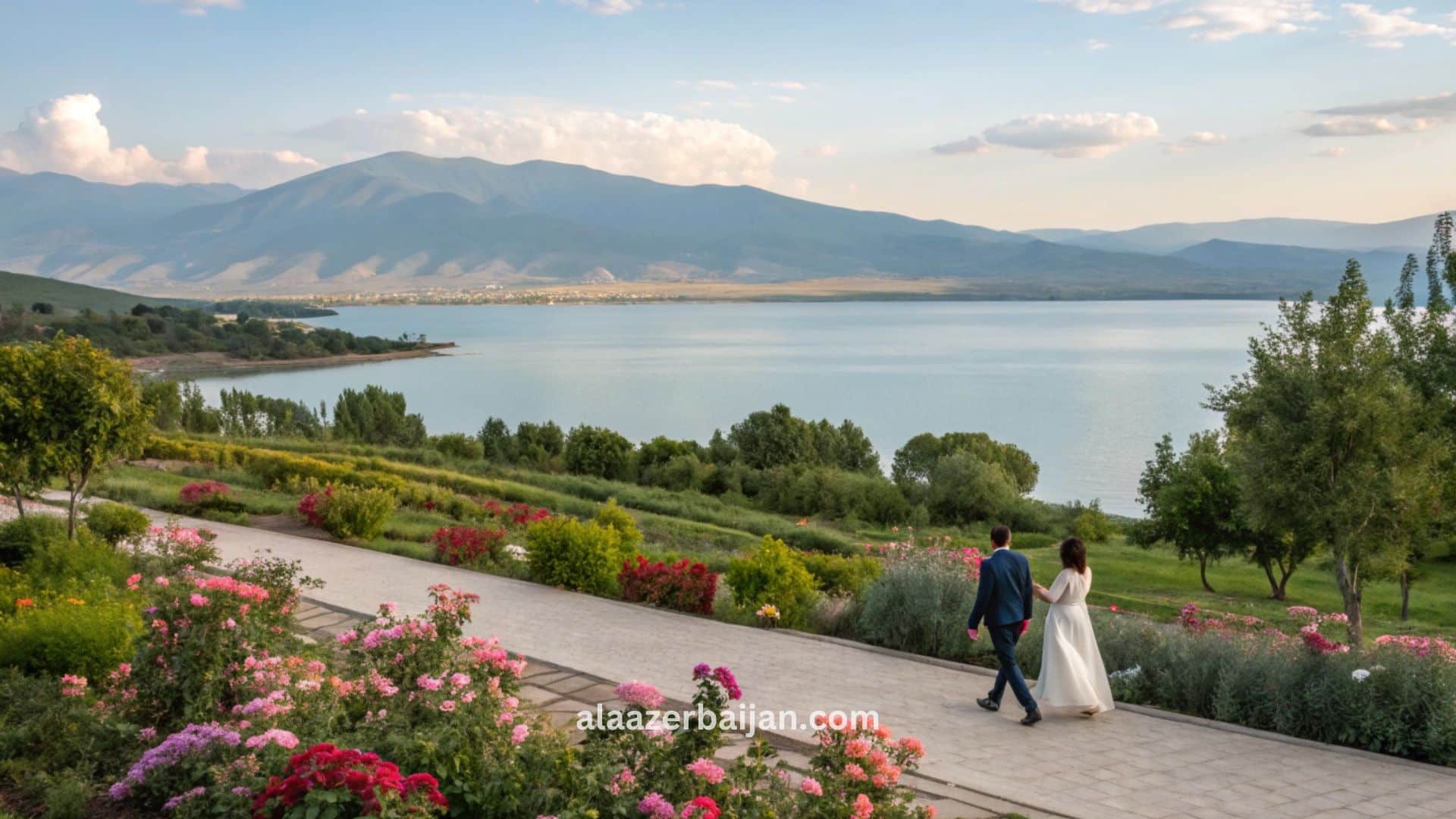 صورة رومانسية تروّج لشهر العسل في أذربيجان، تُظهر إطلالة ليلية على باكو مع أبراج الشعلة والمدينة القديمة ومشاهد طبيعية هادئة من غابالا وشكي