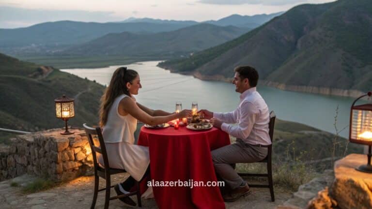 صورة تروّج لعروض سياحية في أذربيجان لشخصين، تشمل برامج باكو وغابالا وشكي، مع خلفية أبراج الشعلة وكورنيش بحر قزوين