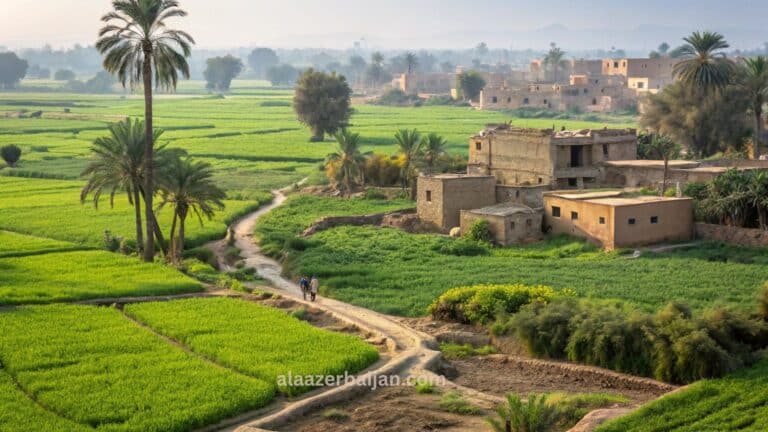 منظر طبيعي من الريف المصري يظهر الحقول الخضراء والنيل مع البيوت الريفية البسيطة