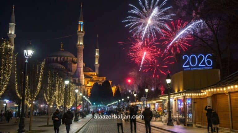 ألعاب نارية تضيء سماء إسطنبول فوق مضيق البوسفور خلال احتفالات رأس السنة في تركيا، مع تجمعات وديكورات الشتاء وانعكاس الألوان على الماء