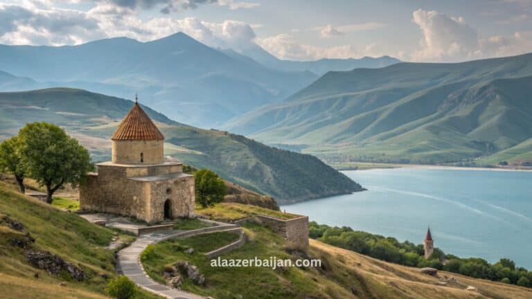 صورة تروّج للسياحة في أذربيجان تُظهر معالم باكو الحديثة مثل أبراج الشعلة والكورنيش البحري مع لمسات من الطبيعة الجبلية في غابالا وشكي