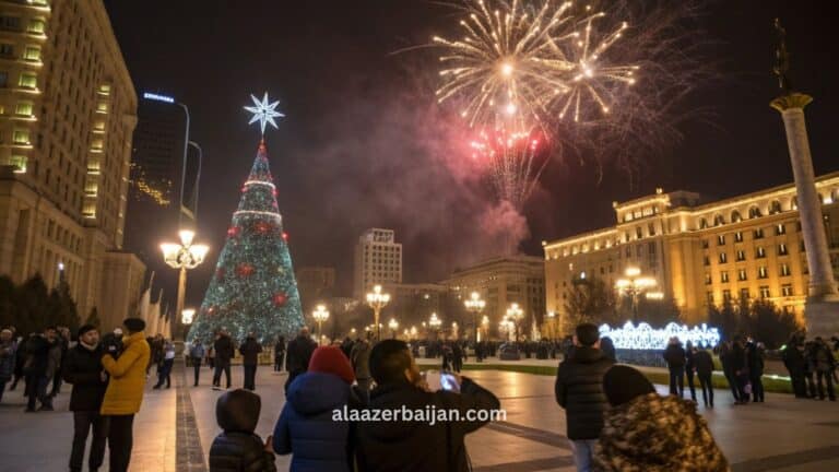 ألعاب نارية تلوّن سماء باكو فوق كورنيش بحر قزوين وأبراج الشعلة خلال احتفالات رأس السنة في أذربيجان، مع تجمعات في ساحة النافورة وزينة شتوية