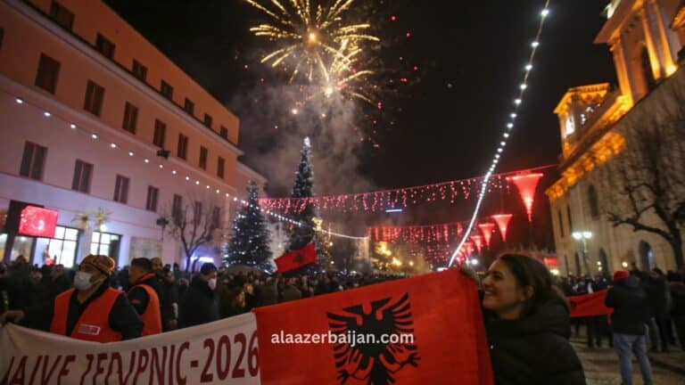 ألعاب نارية تلوّن سماء تيرانا فوق ساحة سكاندربغ خلال احتفالات رأس السنة في ألبانيا، مع حشود وعدٍّ تنازلي وزينة شتوية وشجرة مضيئة