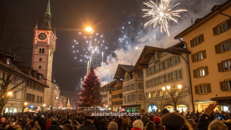 ألعاب نارية تضيء سماء برلين فوق بوابة براندنبورغ ونهر شبري خلال احتفالات رأس السنة في ألمانيا، مع تجمعات وعدٍّ تنازلي وأجواء شتوية