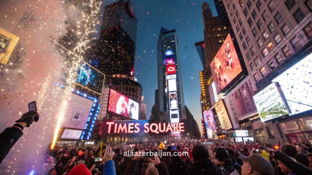 إسقاط الكرة في تايمز سكوير – نيويورك عند منتصف الليل خلال احتفالات رأس السنة في أمريكا، أمطار كونفيتي وشاشات LED ضخمة وحشود العدّ التنازلي