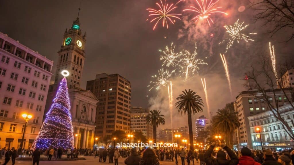 ألعاب نارية تضيء سماء مونتيفيديو فوق كورنيش الرامبلا وساحة الاستقلال بجوار قصر سالفو خلال احتفالات رأس السنة في أوروغواي، مع انعكاس الألوان على شاطئ بوسيتوس