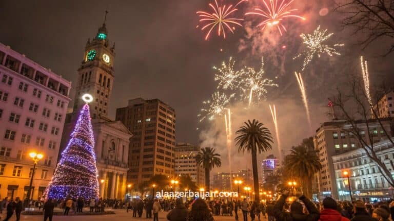 ألعاب نارية تضيء سماء مونتيفيديو فوق كورنيش الرامبلا وساحة الاستقلال بجوار قصر سالفو خلال احتفالات رأس السنة في أوروغواي، مع انعكاس الألوان على شاطئ بوسيتوس