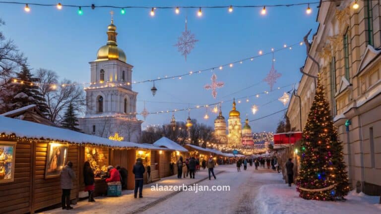 ألعاب نارية وإضاءات شتوية فوق كييف خلال احتفالات رأس السنة في أوكرانيا، مع مشهد ميدان الاستقلال وشارع خريشاتيك وإطلالات على كاتدرائية القديسة صوفيا ونهر الدنيبرو