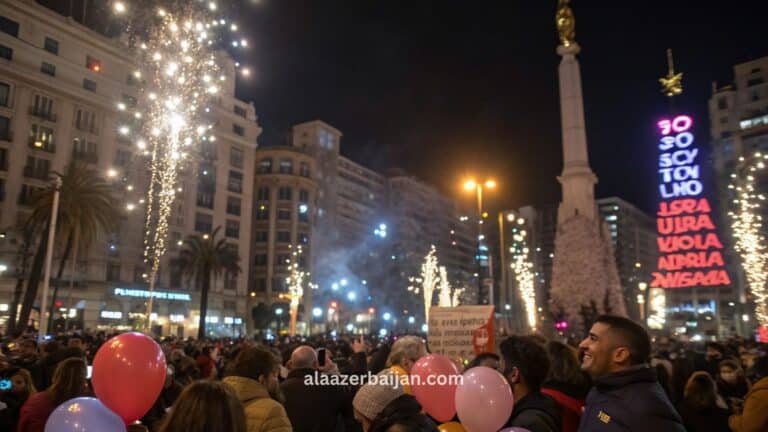 ألعاب نارية تضيء سماء مدريد فوق ساحة بويرتا ديل سول خلال احتفالات رأس السنة في إسبانيا، مع الحشود حول برج الساعة وتقاليد أكل 12 حبّة عنب عند منتصف الليل