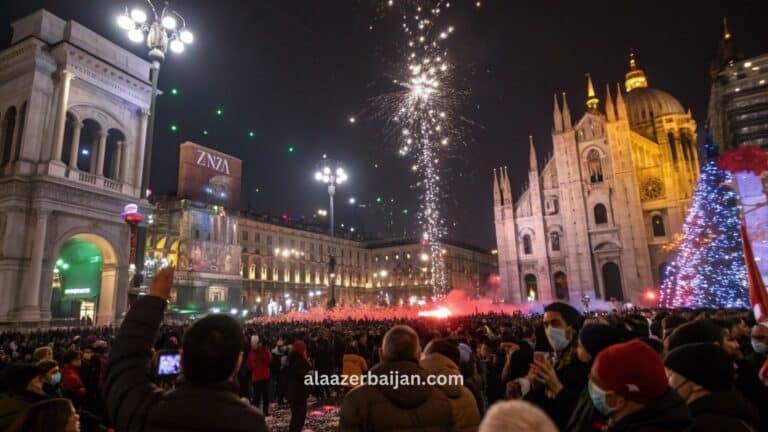 ألعاب نارية تضيء سماء روما فوق الكولوسيوم وأفق المدينة التاريخي خلال احتفالات رأس السنة في إيطاليا، مع حشود وزينة شتوية