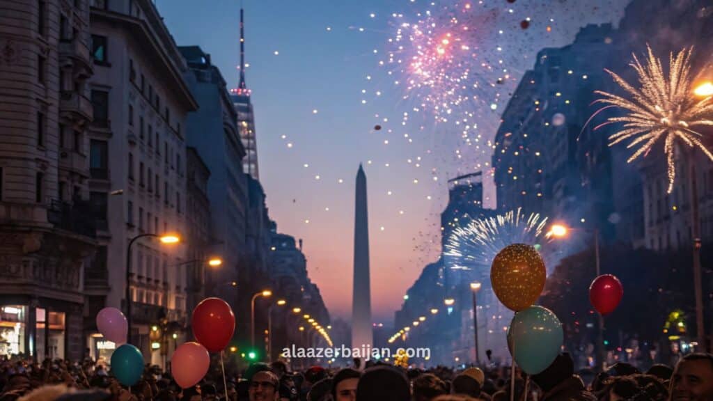 ألعاب نارية تلوّن سماء بوينس آيرس فوق بويرتو ماديرو وجسر المرأة (Puente de la Mujer) على ضفاف نهر ريو دي لا بلاتا خلال احتفالات رأس السنة في الأرجنتين، مع حشود وعدٍّ تنازلي وأجواء صيفية