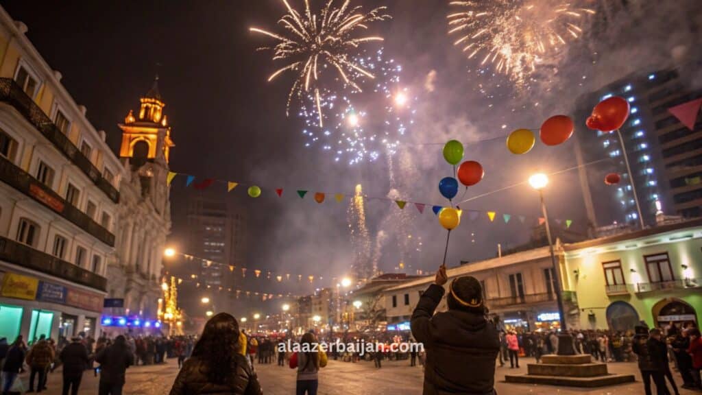 ألعاب نارية تلوّن سماء كيتو فوق تلّ إل بانيسيو وبازيليك التصويت الوطني خلال احتفالات رأس السنة في الإكوادور، مع حشود وعدٍّ تنازلي ودمى Año Viejo المشتعلة