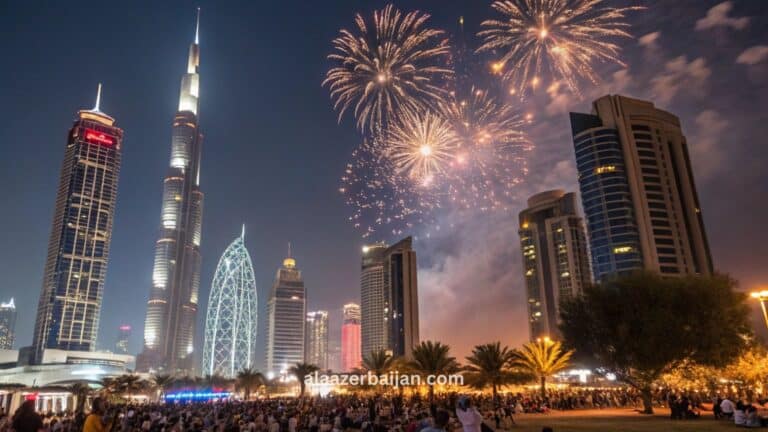 ألعاب نارية تضيء سماء دبي فوق برج خليفة ونافورة دبي خلال احتفالات رأس السنة في الإمارات، مع حشود العدّ التنازلي وأفق مرسى دبي ونخلة جميرا في الخلفية