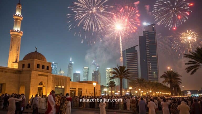 ألعاب نارية تضيء سماء المنامة فوق خليج البحرين وبجوار برجي مركز التجارة العالمي خلال احتفالات رأس السنة، مع انعكاس الألوان على الواجهة البحرية وحشود العدّ التنازلي