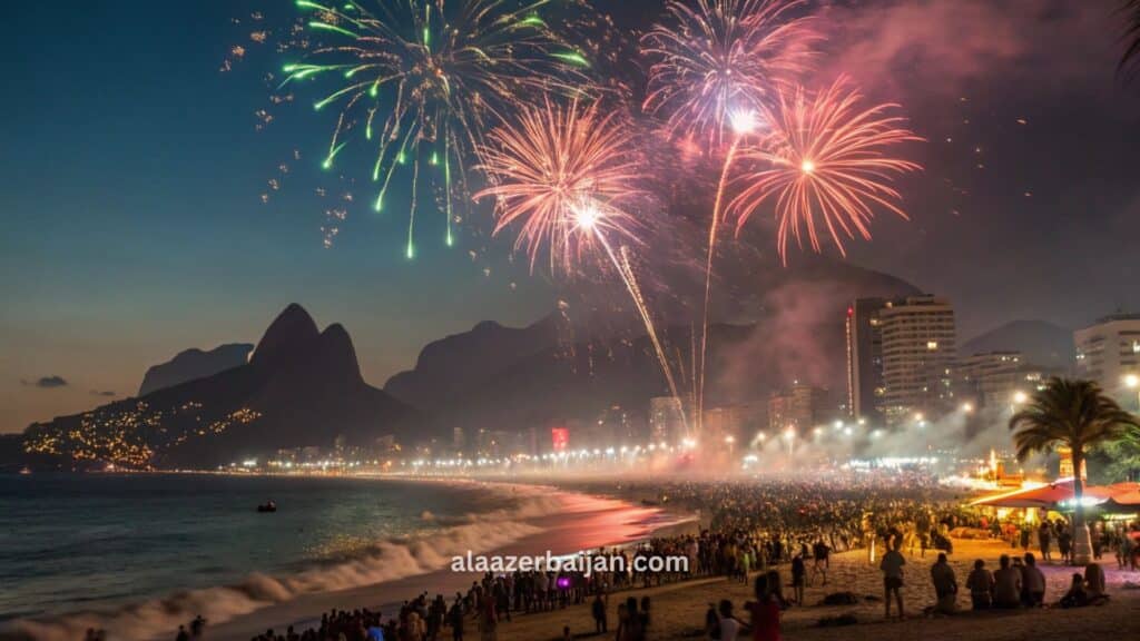 ألعاب نارية تلوّن سماء ريو دي جانيرو فوق شاطئ كوباكابانا وخليج غوانابارا مع إطلالة المسيح الفادي خلال احتفالات رأس السنة في البرازيل، وحشود ترتدي الأبيض على الشاطئ