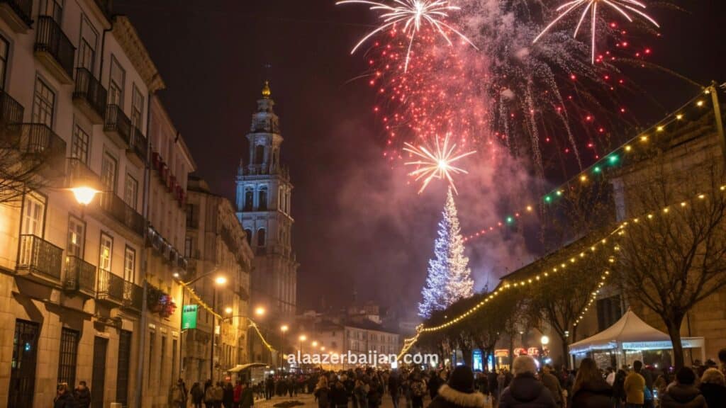 ألعاب نارية تلوّن سماء لشبونة فوق ساحة التجارة (Praça do Comércio) وعلى ضفاف نهر التاجة خلال احتفالات رأس السنة في البرتغال