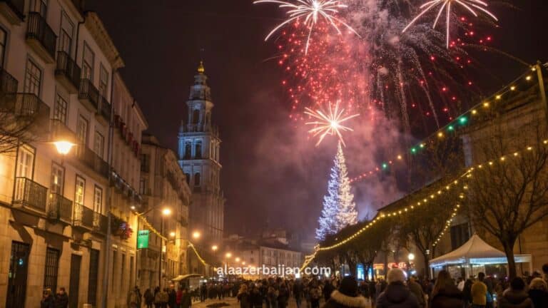 ألعاب نارية تلوّن سماء لشبونة فوق ساحة التجارة (Praça do Comércio) وعلى ضفاف نهر التاجة خلال احتفالات رأس السنة في البرتغال