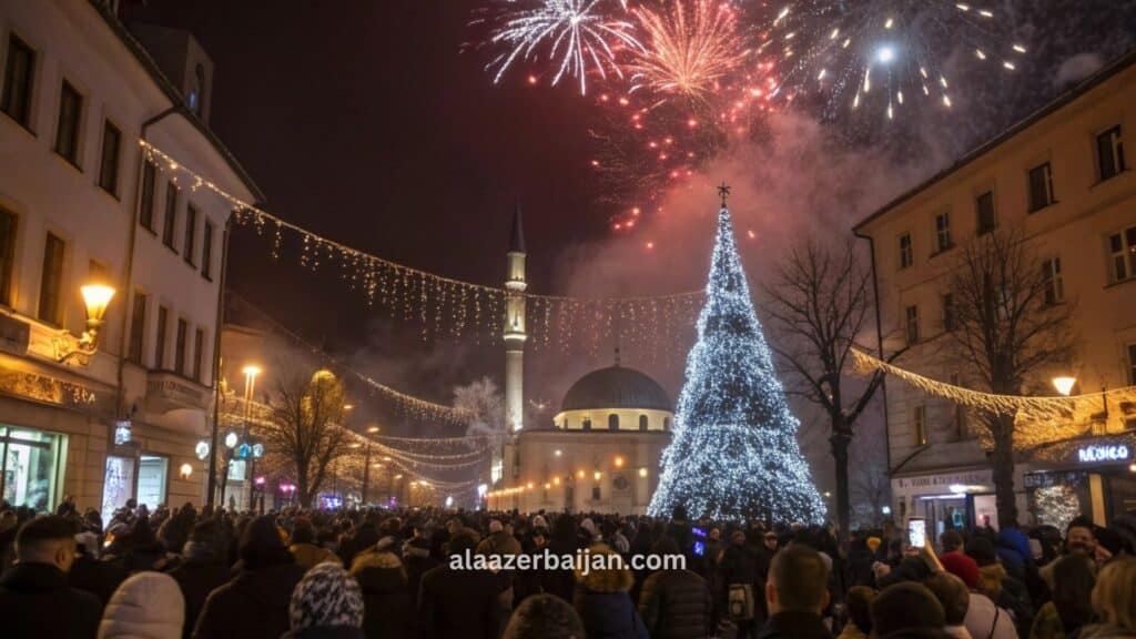 ألعاب نارية تضيء سماء سراييفو خلال احتفالات رأس السنة في البوسنة، مع تجمعات في المركز التاريخي وزينة شتوية وواجهات مضاءة