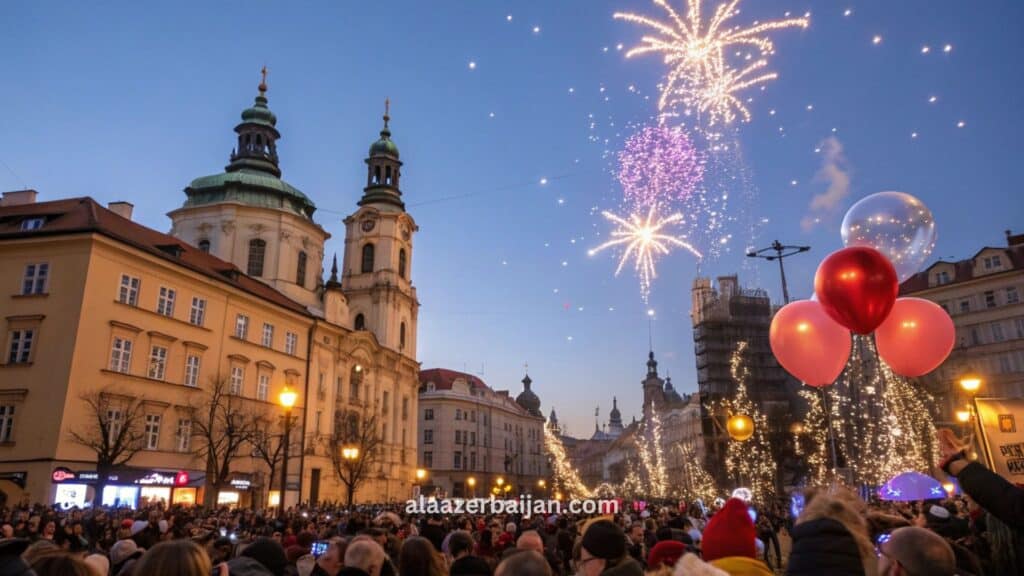 ألعاب نارية فوق جسر تشارلز ونهر فلتافا مع إطلالة قلعة براغ خلال احتفالات رأس السنة في التشيك، وحشود في ساحة البلدة القديمة وزينة شتوية