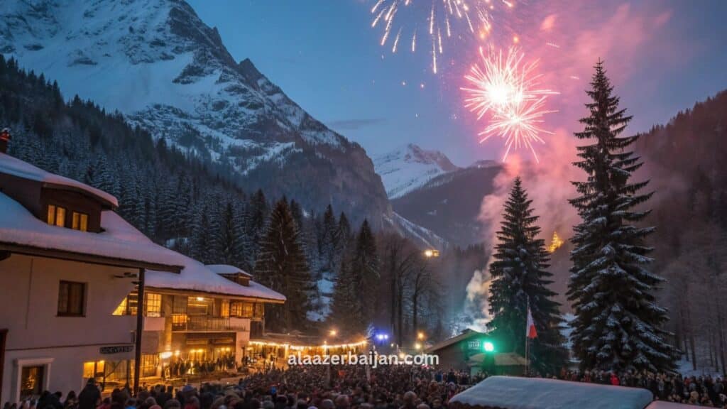 ألعاب نارية تلوّن سماء بودفا فوق الواجهة البحرية والمدينة القديمة على ساحل الأدرياتيكي خلال احتفالات رأس السنة في الجبل الأسود، مع منصّة موسيقى وحشود العدّ التنازلي