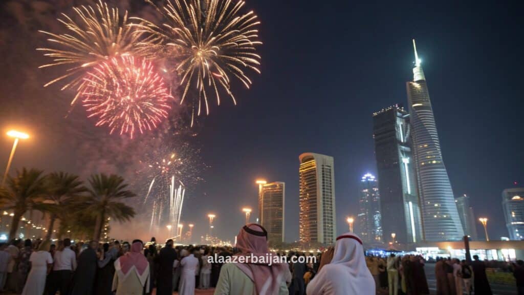 ألعاب نارية تلوّن سماء الرياض فوق أفق المدينة (برج المملكة ومناطق بوليفارد رياض سيتي) خلال احتفالات رأس السنة في السعودية، مع عدٍّ تنازلي وإضاءات شتوية وحشود محتفلة