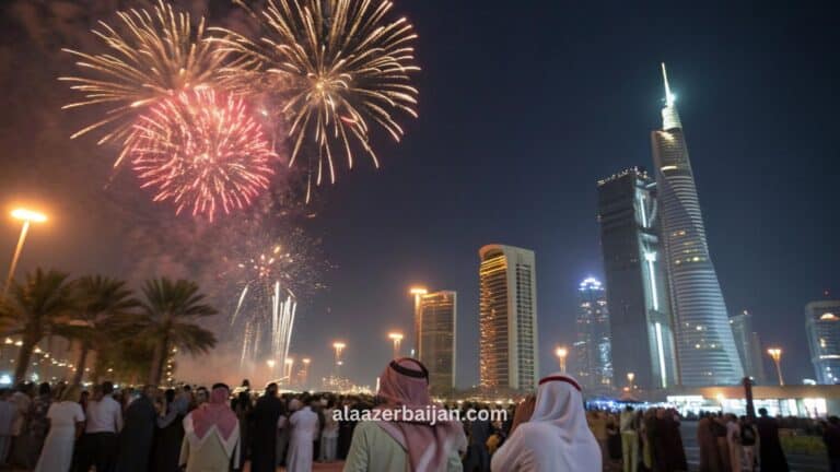 ألعاب نارية تلوّن سماء الرياض فوق أفق المدينة (برج المملكة ومناطق بوليفارد رياض سيتي) خلال احتفالات رأس السنة في السعودية، مع عدٍّ تنازلي وإضاءات شتوية وحشود محتفلة