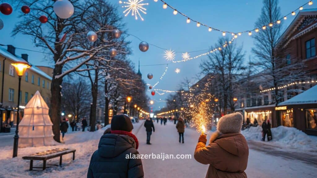 ألعاب نارية تضيء سماء ستوكهولم فوق الواجهة البحرية والبلدة القديمة Gamla Stan وبجوار Stadshuset خلال احتفالات رأس السنة في السويد، مع انعكاس الألوان على الماء وأجواء شتوية