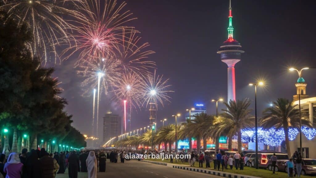 ألعاب نارية تضيء سماء مدينة الكويت فوق أبراج الكويت وعلى امتداد شارع الخليج العربي خلال احتفالات رأس السنة، مع تجمعات وعدٍّ تنازلي وانعكاس الألوان على الواجهة البحرية