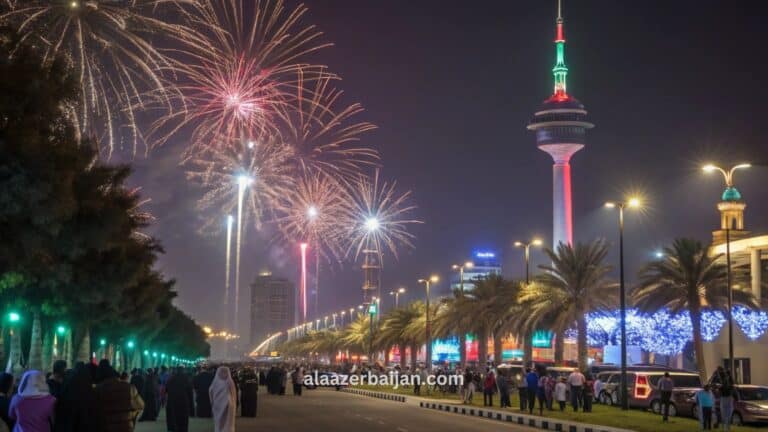 ألعاب نارية تضيء سماء مدينة الكويت فوق أبراج الكويت وعلى امتداد شارع الخليج العربي خلال احتفالات رأس السنة، مع تجمعات وعدٍّ تنازلي وانعكاس الألوان على الواجهة البحرية