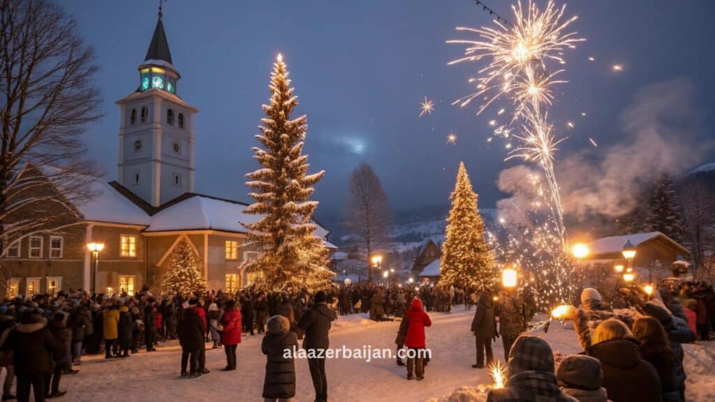 ألعاب نارية تضيء سماء أوسلو فوق دار الأوبرا ورصيف Aker Brygge وانعكاس الألوان على مضيق أوسلو خلال احتفالات رأس السنة في النرويج