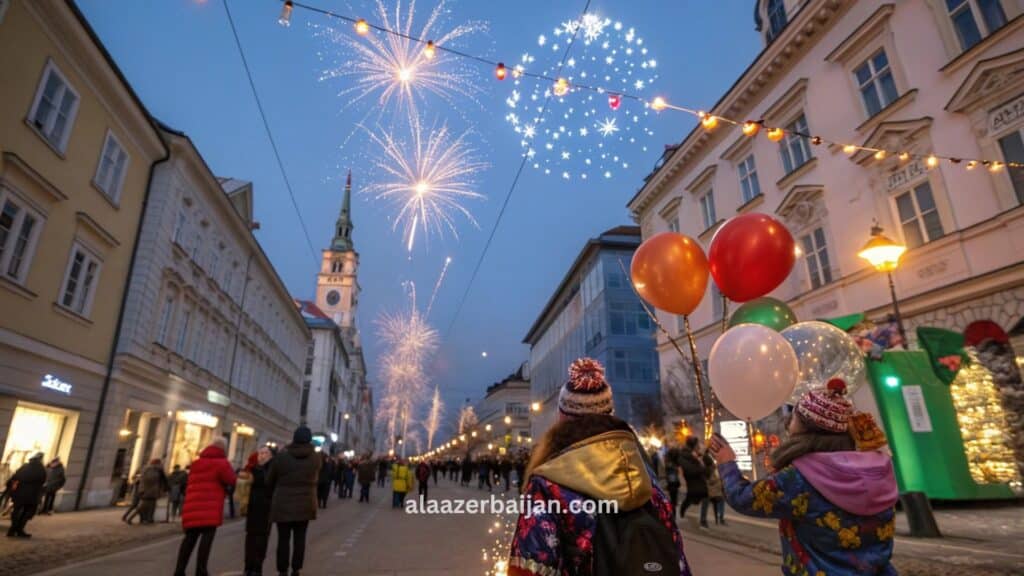 ألعاب نارية تضيء سماء فيينا عند منتصف الليل خلال احتفالات رأس السنة في النمسا، مع حشود في ساحة البلدية (Rathausplatz) ومسار الاحتفالات Silvesterpfad ورقص الفالس على أنغام «الدانوب الأزرق»