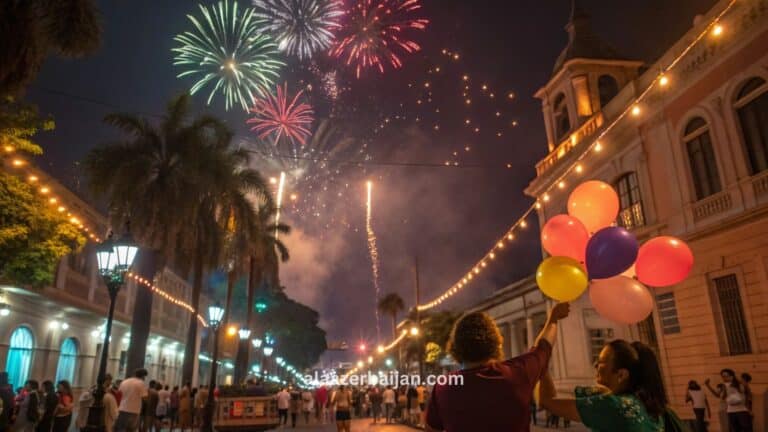 ألعاب نارية تلوّن سماء أسونسيون فوق كوستانيرا أسونسيون وخليج أسونسيون بجوار قصر لوس لوبيز (Palacio de los López) خلال احتفالات رأس السنة في باراغواي، مع انعكاس الألوان على نهر باراغواي وحشود العدّ التنازلي