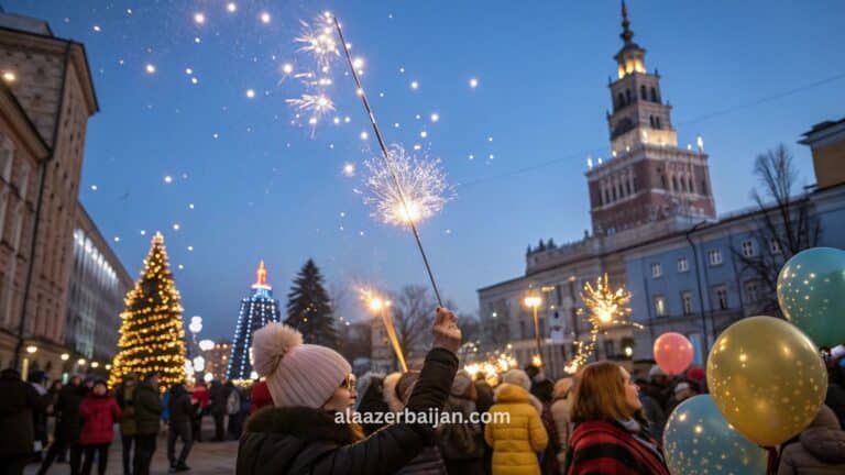 ألعاب نارية تضيء سماء وارسو فوق قصر الثقافة والعلوم وعلى ضفاف نهر الفيستولا خلال احتفالات رأس السنة في بولندا، مع حشود وزينة شتوية