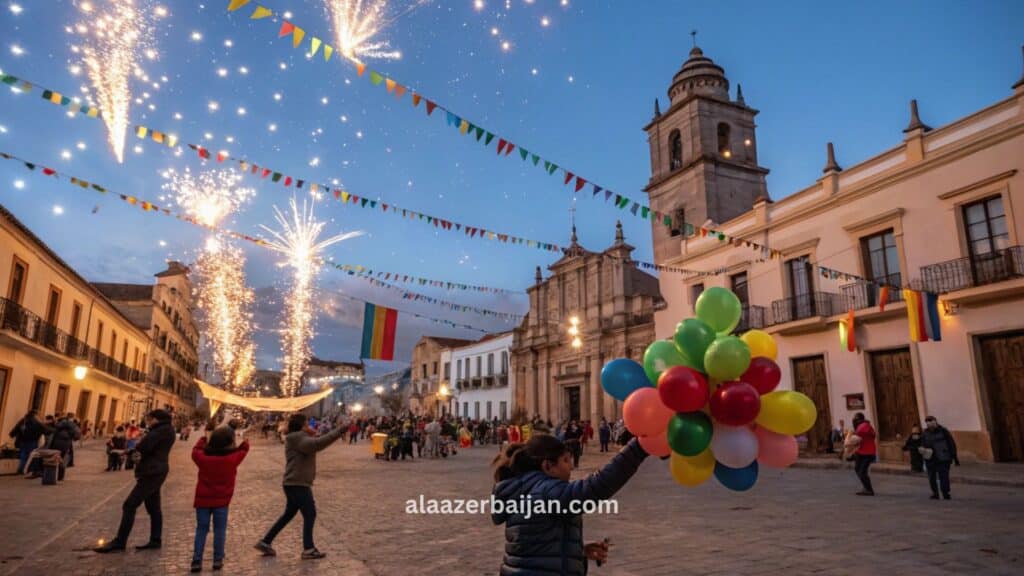 ألعاب نارية تضيء سماء لاباز فوق ساحة سان فرانسيسكو مع إطلالة جبل إيليماني خلال احتفالات رأس السنة في بوليفيا، وحشود العدّ التنازلي بأجواء صيفية (نصف الكرة الجنوبي)