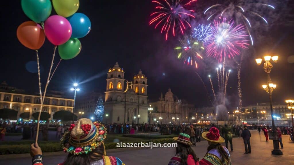 ألعاب نارية تلوّن سماء ليما فوق واجهة كوستا فيردي ومنحدرات ميرافلوريس المطلة على المحيط الهادئ خلال احتفالات رأس السنة في بيرو، مع حشود العدّ التنازلي على الكورنيش