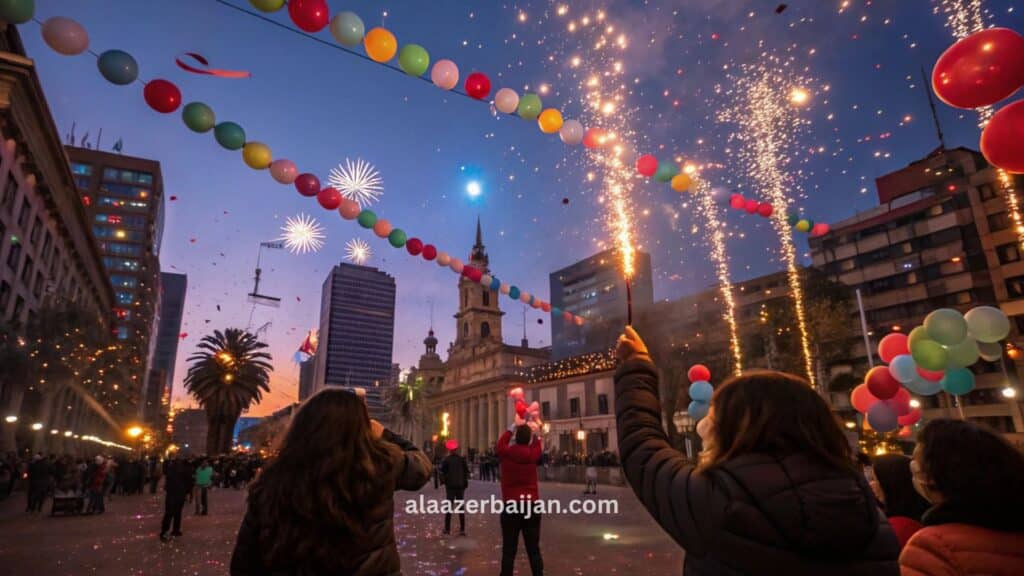ألعاب نارية تلوّن سماء فالبارايسو وفينيا ديل مار فوق خليج المحيط الهادئ خلال احتفالات رأس السنة في تشيلي، مع حشود على الكورنيش وأجواء صيفية
