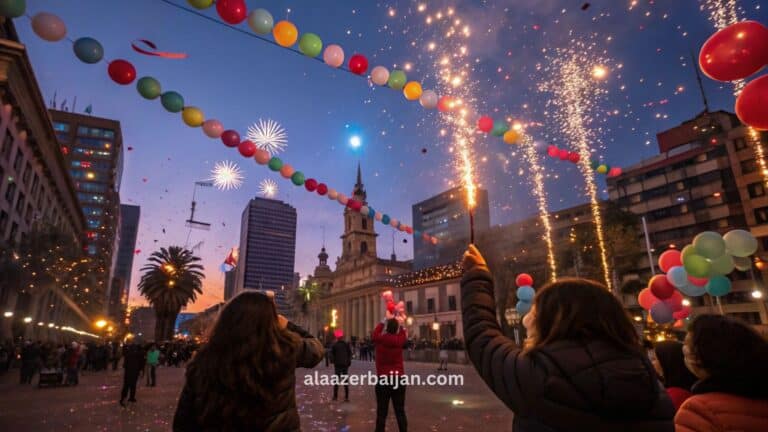 ألعاب نارية تلوّن سماء فالبارايسو وفينيا ديل مار فوق خليج المحيط الهادئ خلال احتفالات رأس السنة في تشيلي، مع حشود على الكورنيش وأجواء صيفية