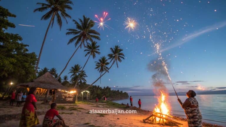 ألعاب نارية تلوّن سماء هونيارا عاصمة جزر سليمان فوق الواجهة البحرية في جزيرة غوادالكانال، مع انعكاس الألوان على بحر سليمان ونخيلٍ استوائي خلال احتفالات رأس السنة