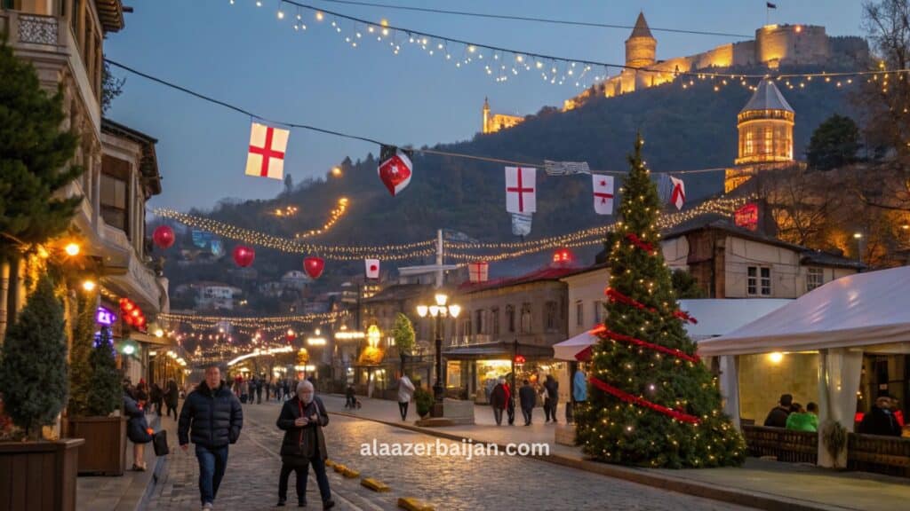 ألعاب نارية تضيء سماء تبليسي فوق جسر السلام ونهر كورا (متكفاري) مع إطلالة قلعة ناريكالا وساحة الحرية خلال احتفالات رأس السنة في جورجيا