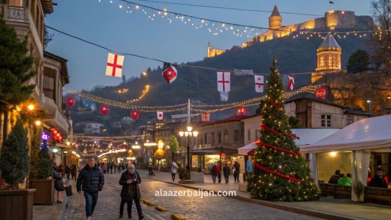ألعاب نارية تضيء سماء تبليسي فوق جسر السلام ونهر كورا (متكفاري) مع إطلالة قلعة ناريكالا وساحة الحرية خلال احتفالات رأس السنة في جورجيا