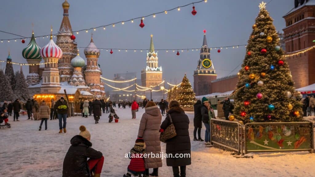 ألعاب نارية تضيء سماء موسكو فوق الساحة الحمراء وأبراج الكرملين وكاتدرائية القديس باسيل خلال احتفالات رأس السنة في روسيا، مع حلبة تزلج وزينة شتوية وحشود العدّ التنازلي