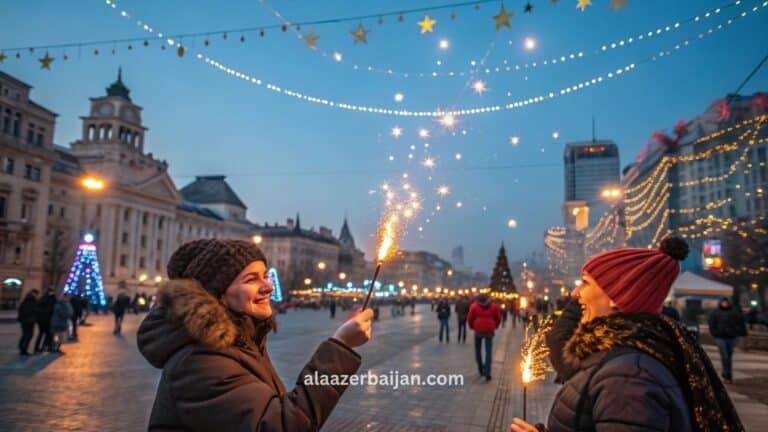 ألعاب نارية تضيء سماء بوخارست فوق ساحة الاتحاد (Piața Unirii) وشارع Unirii مع إطلالة على نافورات بوخارست خلال احتفالات رأس السنة في رومانيا، وسط أجواء شتوية وحشود العدّ التنازلي