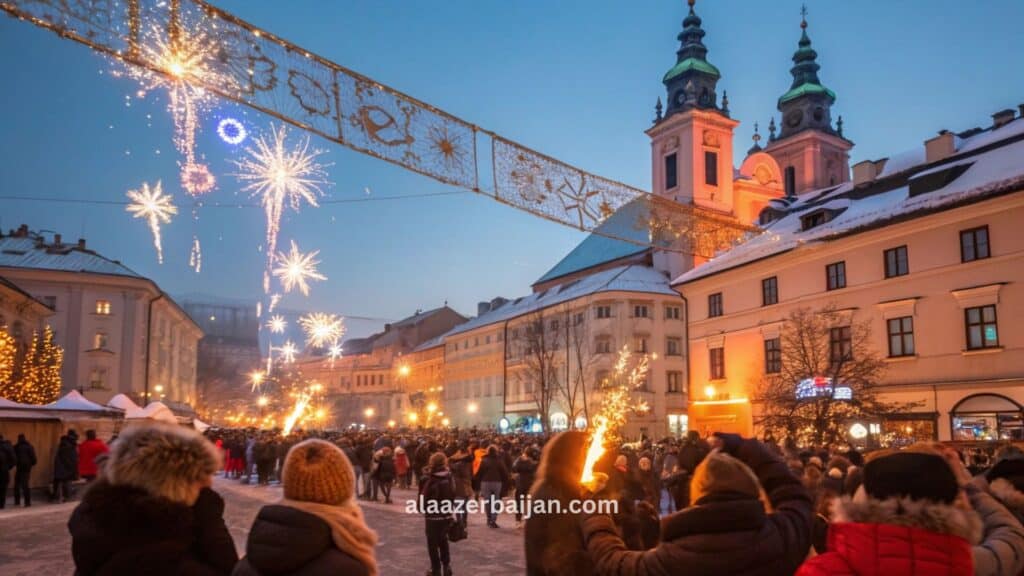 ألعاب نارية تضيء سماء براتيسلافا فوق قلعة براتيسلافا ونهر الدانوب خلال احتفالات رأس السنة في سلوفاكيا، مع تجمعات العدّ التنازلي وإضاءات شتوية