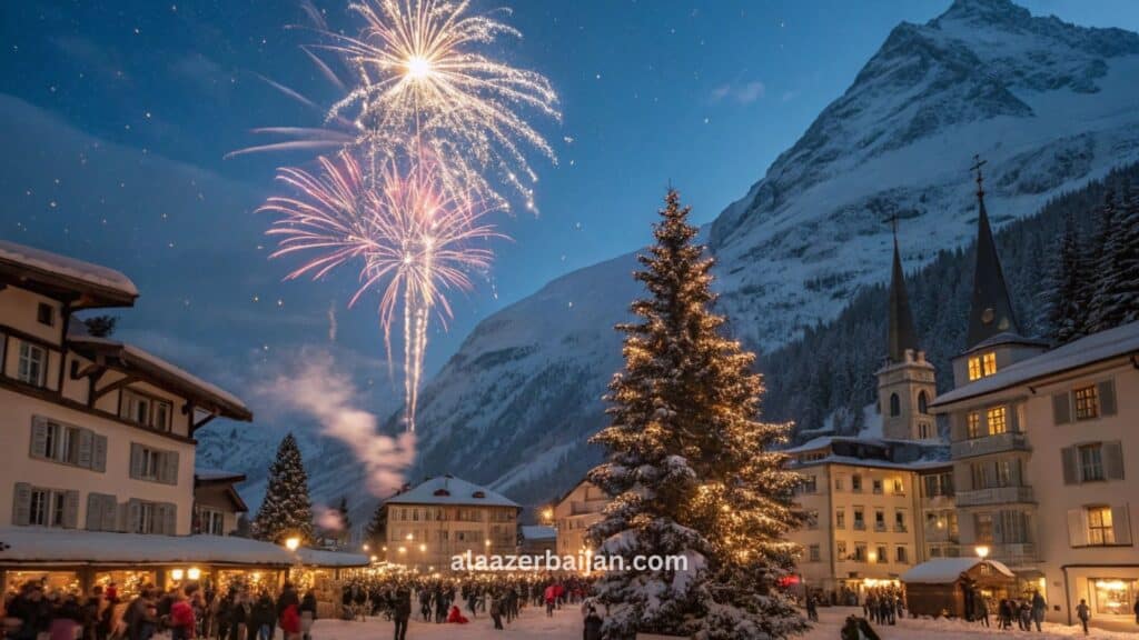 ألعاب نارية تضيء سماء مدينة سويسرية فوق بحيرة خلال احتفالات رأس السنة في سويسرا، مع تجمعات وعدٍّ تنازلي وزينة شتوية تنعكس ألوانها على الماء