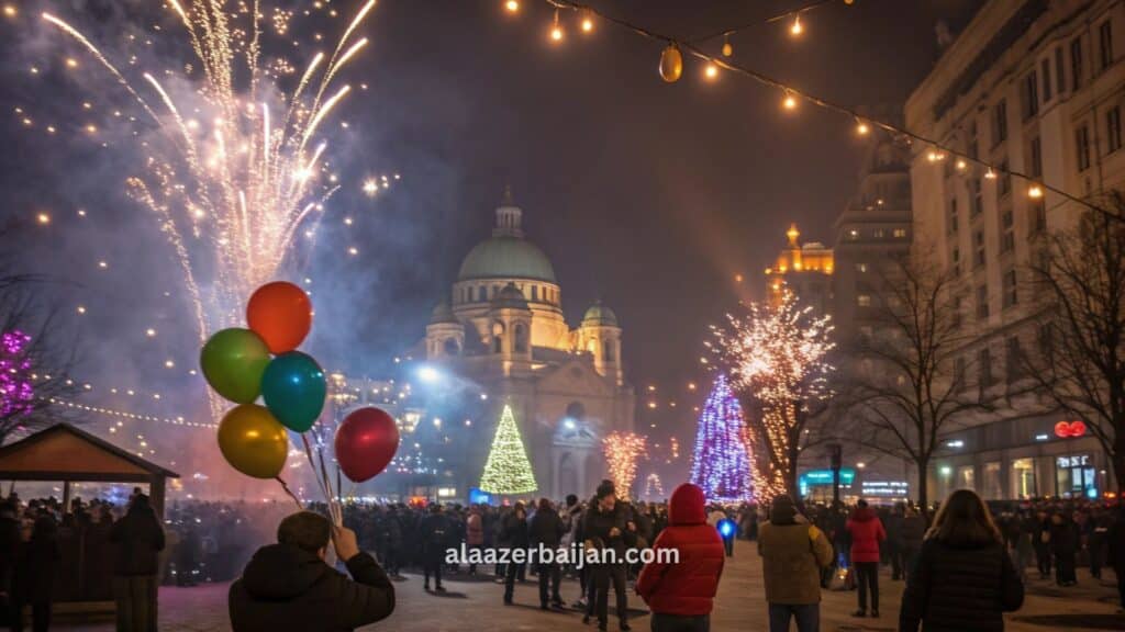 ألعاب نارية تضيء سماء بلغراد فوق قلعة كاليمغدان ونهر الدانوب وملتقى نهر السافا خلال احتفالات رأس السنة في صربيا، مع تجمعات العدّ التنازلي وأجواء شتوية